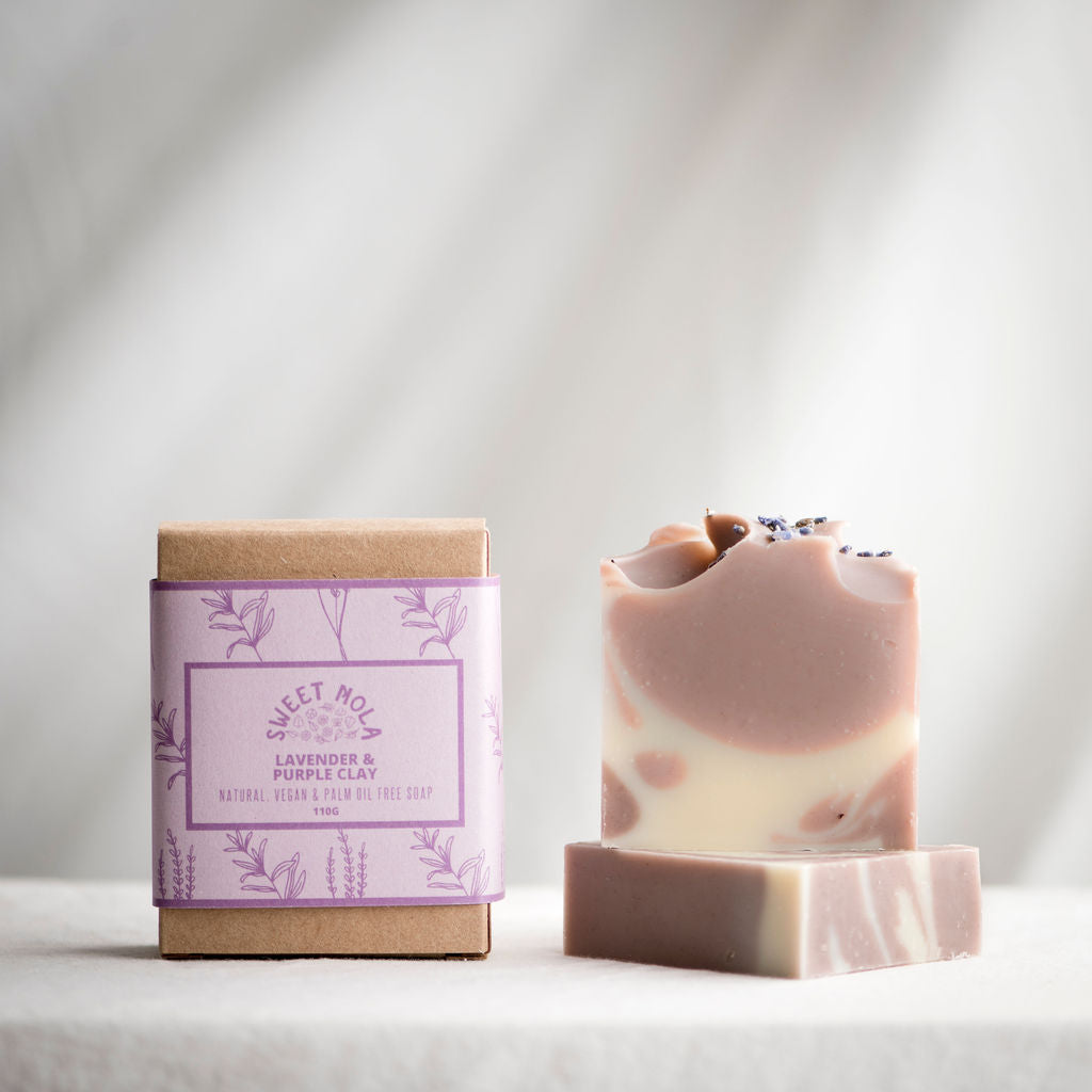 Lavender bar soap with soap box with purple label.