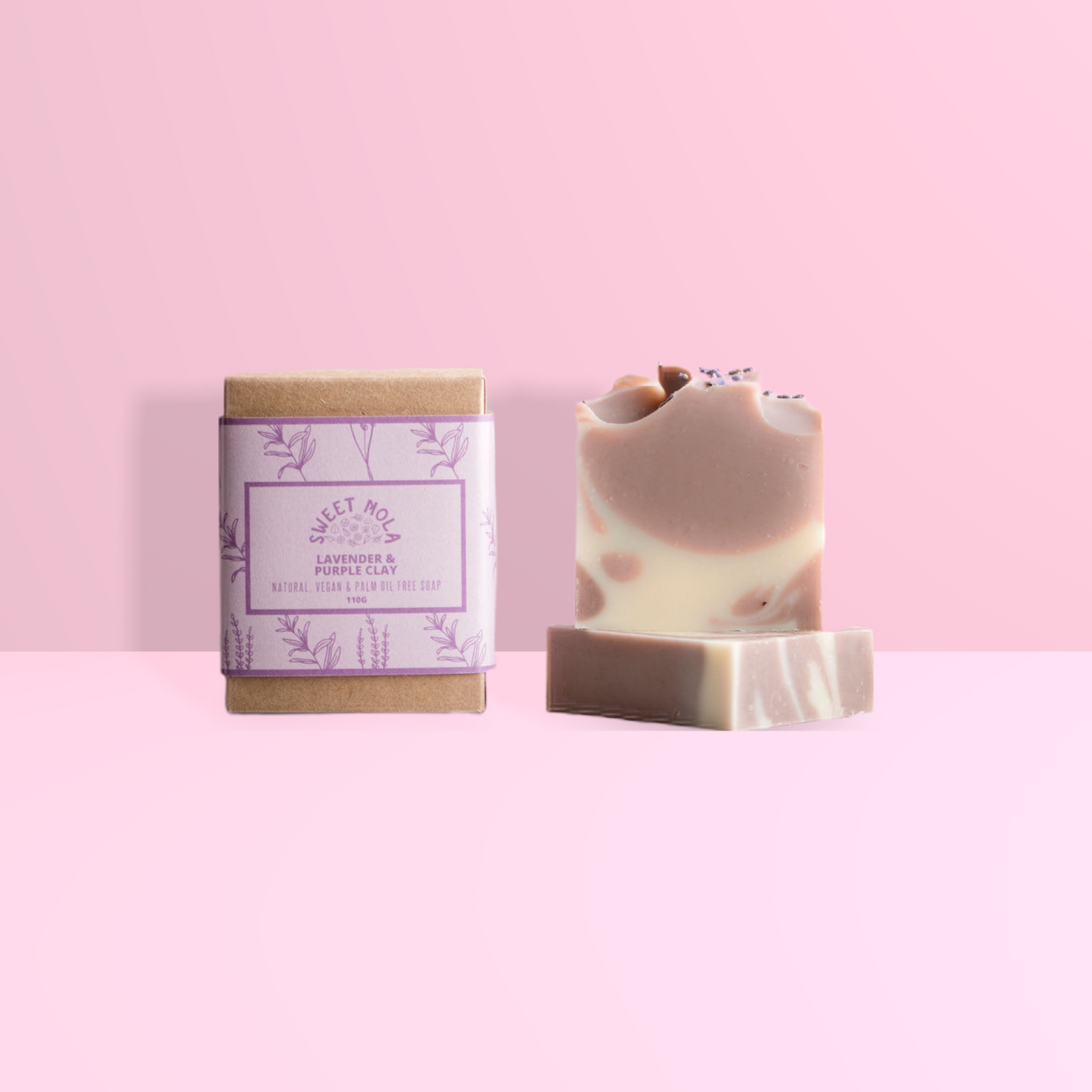 Lavender bar soap with soap box with purple label.