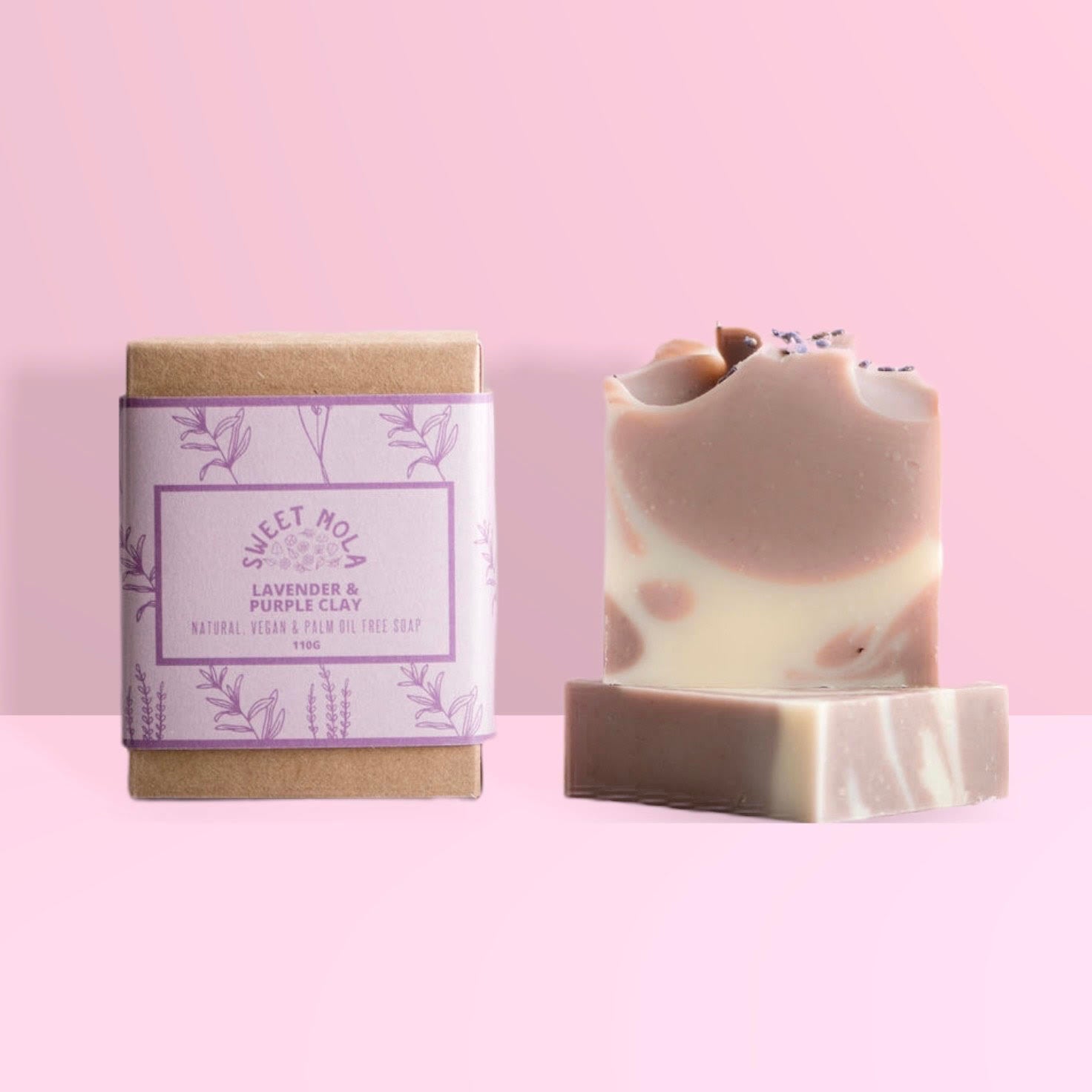 Lavender bar soap with soap box with purple label.